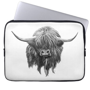 Housse Pour Ordinateur Portable Vache des montagnes écossaise en noir et blanc