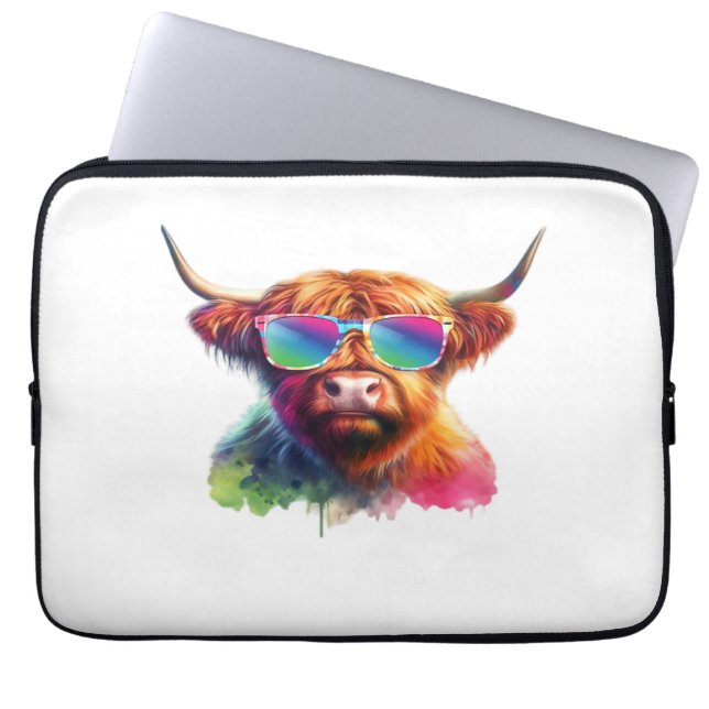Housse Pour Ordinateur Portable Vache écossaise Highland en lunettes de soleil Eau (Devant)