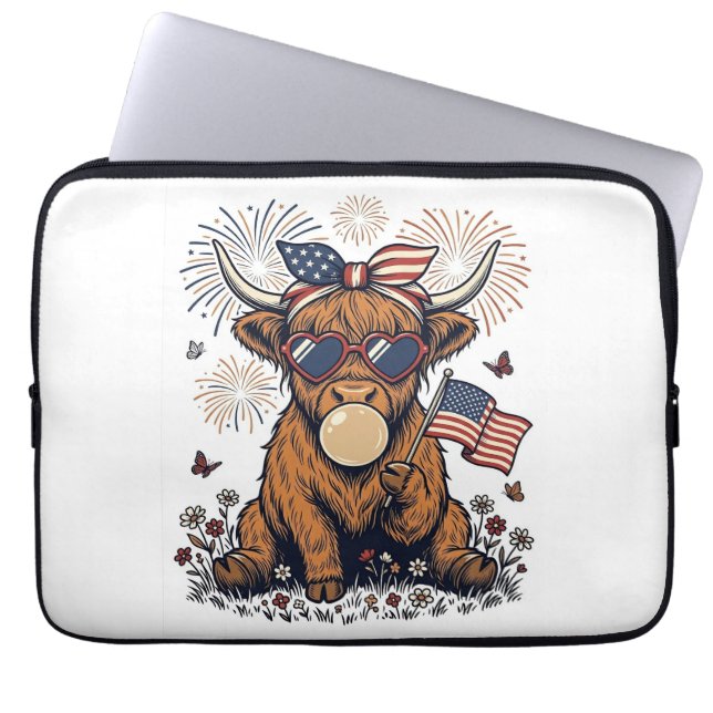 Housse Pour Ordinateur Portable Vache écossaise patriotique Bubblegum Gravure vint (Devant)