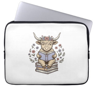 Housse Pour Ordinateur Portable Vache Florale de Lecture Mignonne Pile de Livres D
