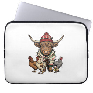 Housse Pour Ordinateur Portable Vache Highland et poulets de Noël Gravure vintage