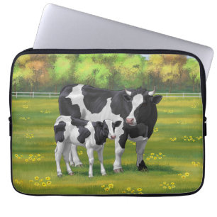 Housse Pour Ordinateur Portable Vache Holstein et veau mignon en pâturage d'été