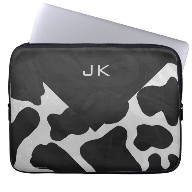 Housse Pour Ordinateur Portable Vache noire et blanche monogramme (Devant)