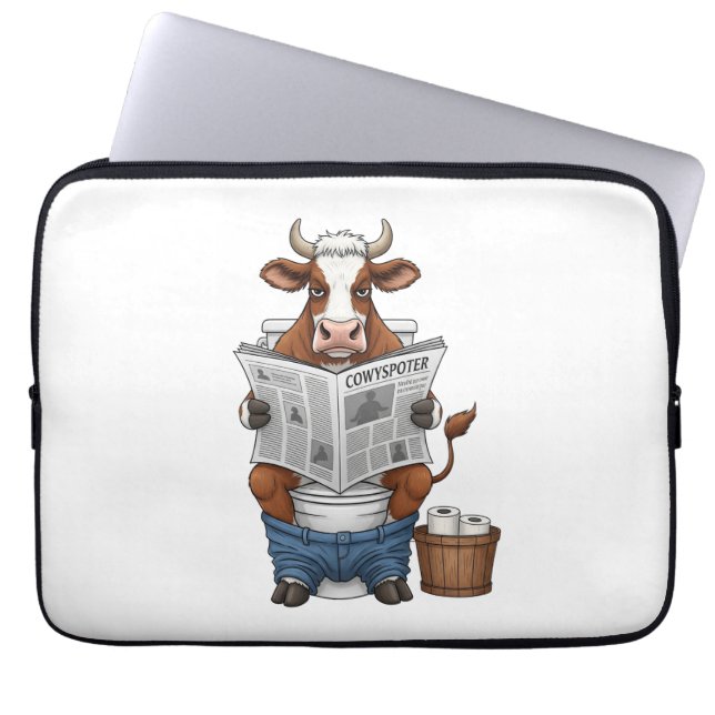 Housse Pour Ordinateur Portable Vache sur Toilet, Animaux de ferme amusants (Devant)