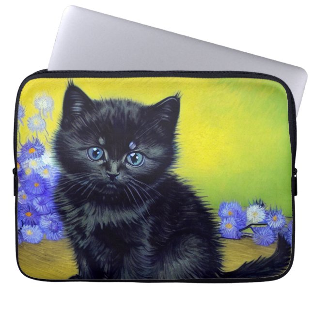 Housse Pour Ordinateur Portable Van Gogh Chat noir Fleurs violettes (Devant)