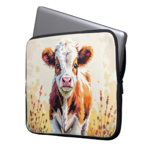 Housse Pour Ordinateur Portable Veau aquarelle mignon dans des fleurs de champ