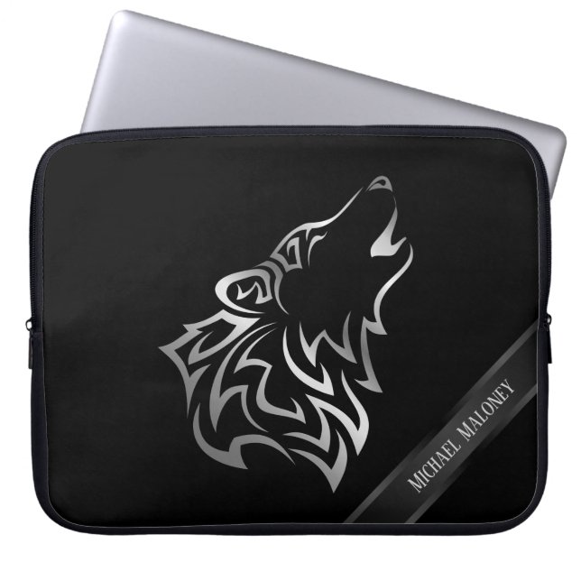 Housse Pour Ordinateur Portable Vecteur Monogramme Loup Noir Argent (Devant)