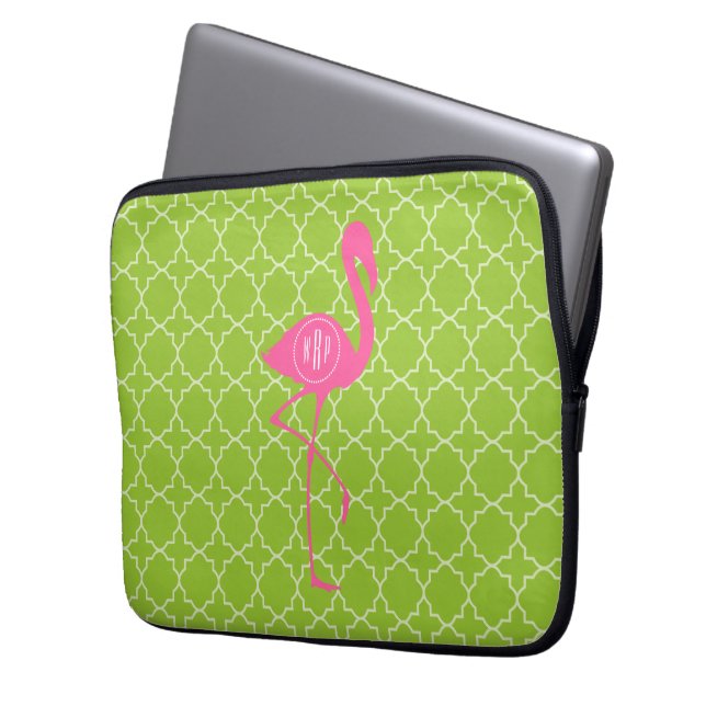 Housse Pour Ordinateur Portable Vert de chaux rose de Flamant rose de monogramme (devant gauche)
