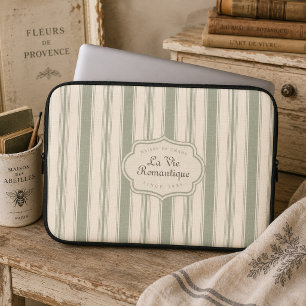 Housse Pour Ordinateur Portable Vert sauge rayures French Country Rustique vinta