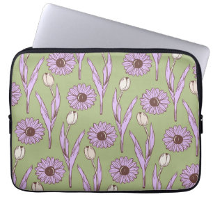 Housse Pour Ordinateur Portable Vert violet rétro Y2K Funky Hippie Flower Motif