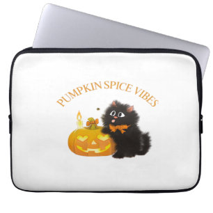 Housse Pour Ordinateur Portable Vibes d'épices citrouilles, Halloween, chat noir,