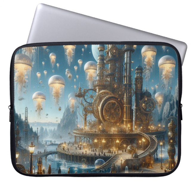 Housse Pour Ordinateur Portable Ville ancienne futuriste Steampunk avec méduses (Devant)