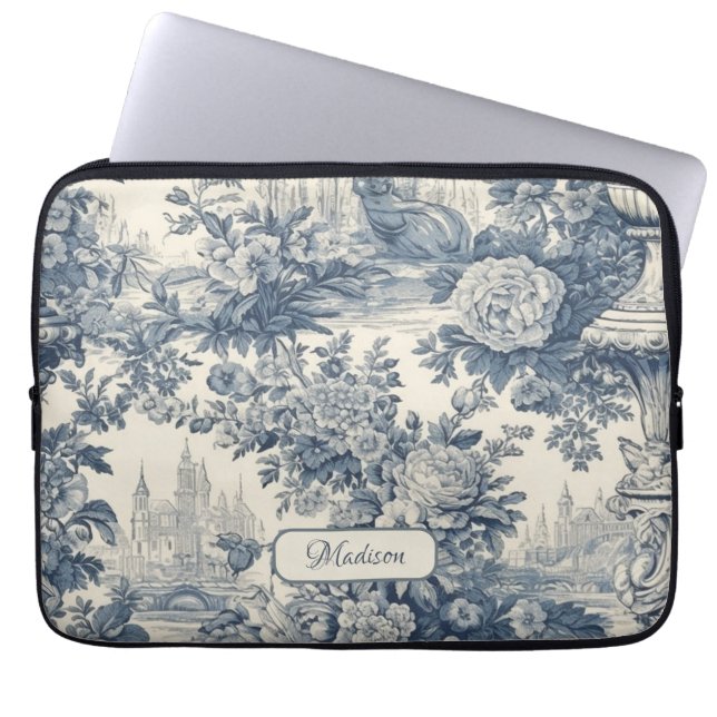 Housse Pour Ordinateur Portable Vintage chic floral Bleu toile de jouy monogramme (Devant)