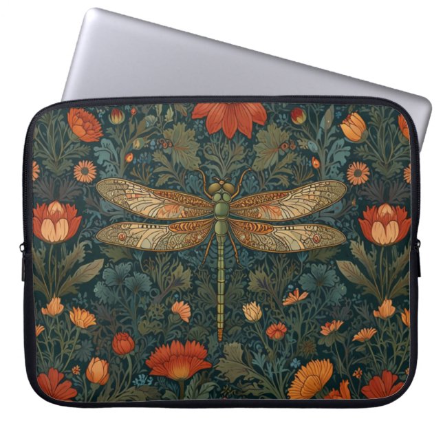 Housse Pour Ordinateur Portable Vintage dragonfly orange floral vert boho chic (Devant)
