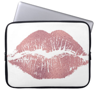 Housse Pour Ordinateur Portable Vintage empreinte de lèvre rose, or rose.