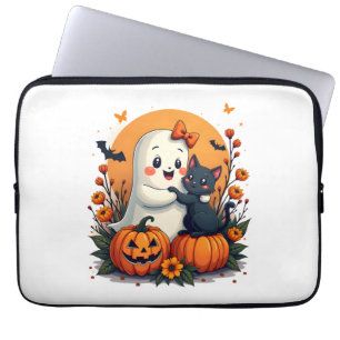 Housse Pour Ordinateur Portable Vintage Fantôme d'Halloween tenant un chat noir Su