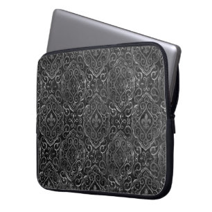 Housse Pour Ordinateur Portable Vintage Fleur de Lis Black Silver Grunge Damask