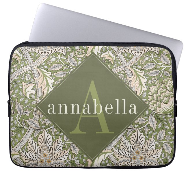 Housse Pour Ordinateur Portable Vintage Floral vert William Morris Monogramme (Devant)