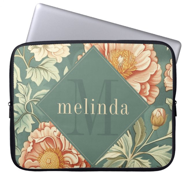 Housse Pour Ordinateur Portable Vintage Sage Floral William Morris Monogramme (Devant)