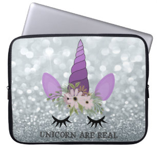 Housse Pour Ordinateur Portable Visage de licorne, couronne florale, Bokeh de pail