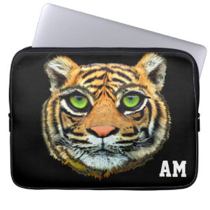 Housse Pour Ordinateur Portable Visage de tigre sauvage sur monogramme noir