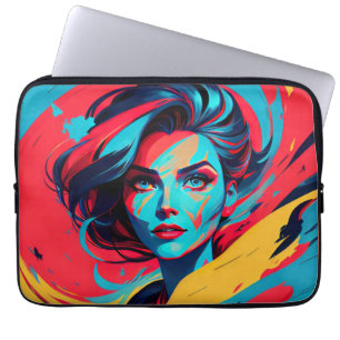 Housse Pour Ordinateur Portable Visage Féminin Dynamique En Teal Clair Jaune & Rou