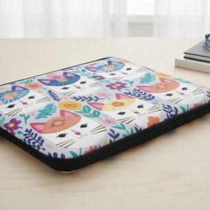 Housse Pour Ordinateur Portable Visages de Chat et Fleurs 