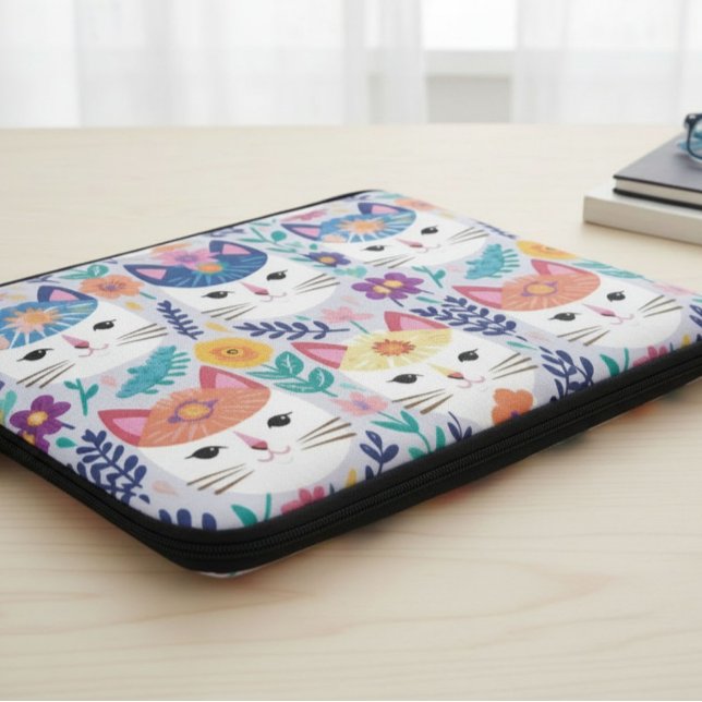 Housse Pour Ordinateur Portable Visages de Chat et Fleurs  (Créateur téléchargé)