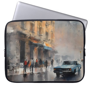 Housse Pour Ordinateur Portable Voiture bleue vintage à Foggy Cityscape