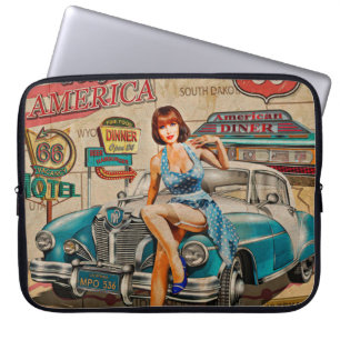 Housse Pour Ordinateur Portable Voyage en voiture à travers le poster vintage amér