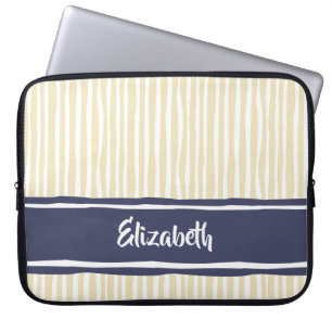 Housse Pour Ordinateur Portable Wavy Painterly Stripes Navy and Cream With Name