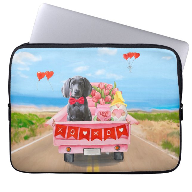 Housse Pour Ordinateur Portable Weimaraner Chien Valentine's Day Coeurs de camion (Devant)
