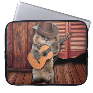 Housse Pour Ordinateur Portable Western Cat cowboy musicien avec guitare