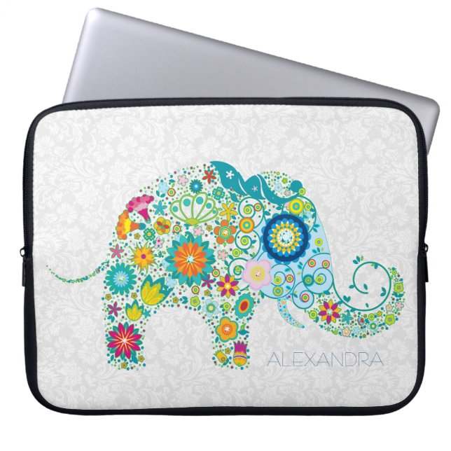 Housse Pour Ordinateur Portable White Floral Damasks Colorful Floral Elephant (Devant)