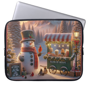 Housse Pour Ordinateur Portable Winter Wonderland Snowman's Hot Chocolate Cart