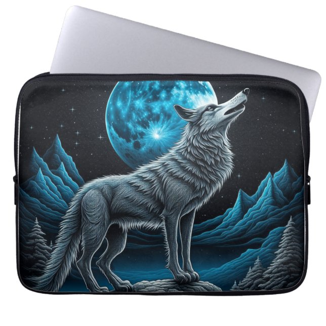 Housse Pour Ordinateur Portable Wolf debout devant la Pleine lune | Art AI (Devant)