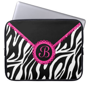Housse Pour Ordinateur Portable Zèbre et monogramme rose de dentelle