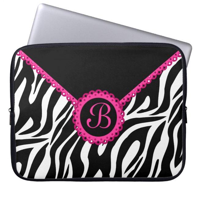 Housse Pour Ordinateur Portable Zèbre et monogramme rose de dentelle (Devant)
