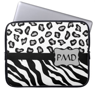 Housse Pour Ordinateur Portable Zèbre noir, blanc et gris et monogramme de la peau