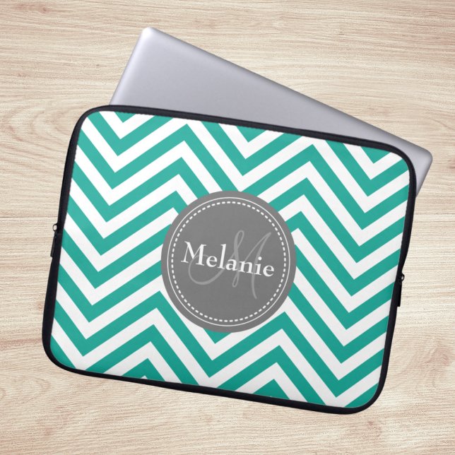 Housse Pour Ordinateur Portable Zigzag Turquoise monogramme bleu et gris (Créateur téléchargé)