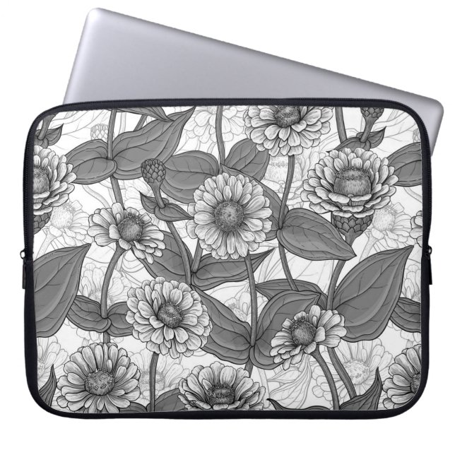Housse Pour Ordinateur Portable Zinnias, monochrome sur blanc (Devant)