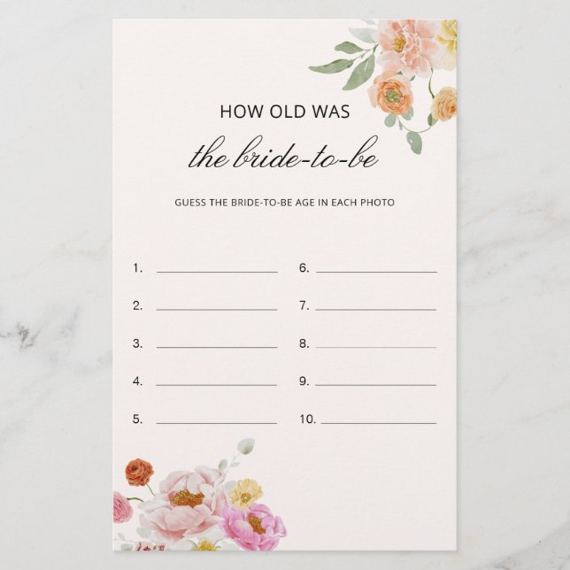 How Old Was The Bride Bridal Shower Game Card (Devant)