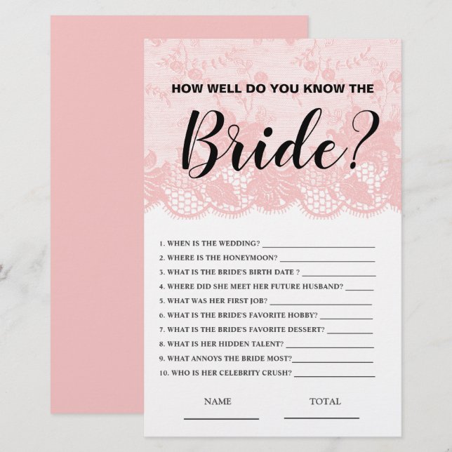 How well know the Bride Pink Lace Bridal Game (Devant / Derrière)