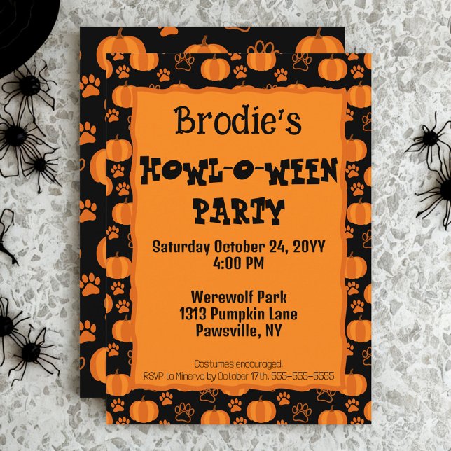 Howl-O-Ween Dog Party Halloween Invitation (Plan a Howl-O-Ween party for your pup with this cute pumpkins and paws dog Halloween party invite)
