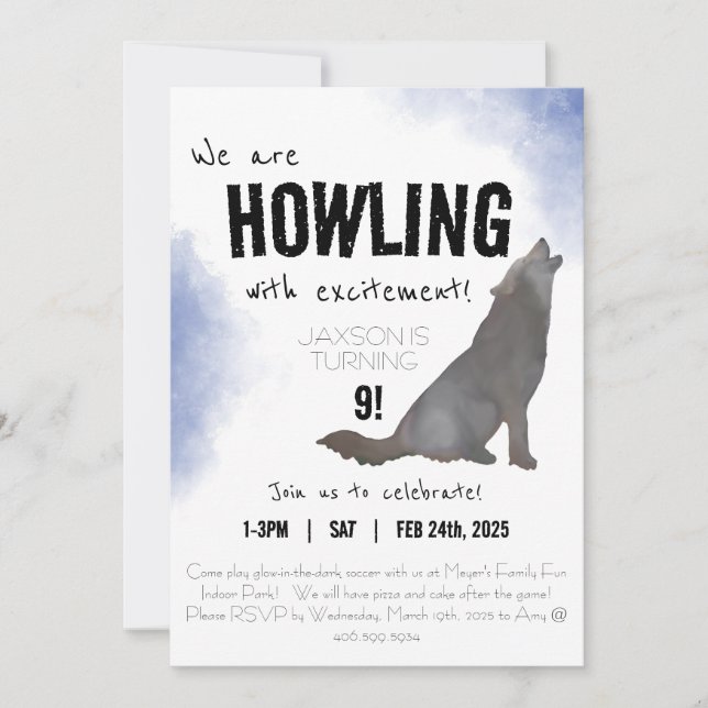 Howling watercolor loup invitation d'anniversaire  (Devant)