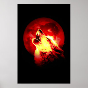 Howling Wolf & Red Moon Poster