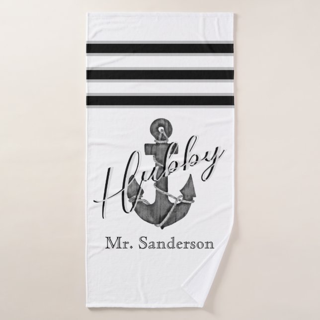 Hubby Nautical Monogramme noir blanc Ancre (Serviette de bain)