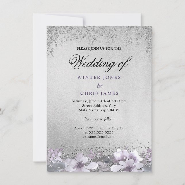Huile d'argent Floral violet Faire-part de mariage (Devant)
