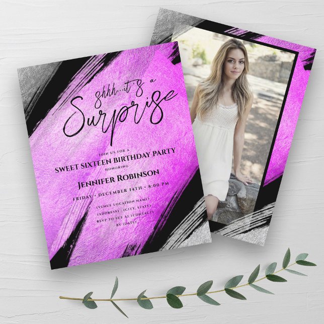 Huile d'argent rose chaud Surprise Sweet 16 Invita (Hot Pink Silver Foil Surprise Sweet 16 Invites)