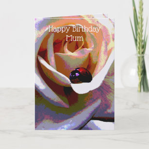 Huile Peinte Ladybug Sur Un Rose, Carte Anniversai